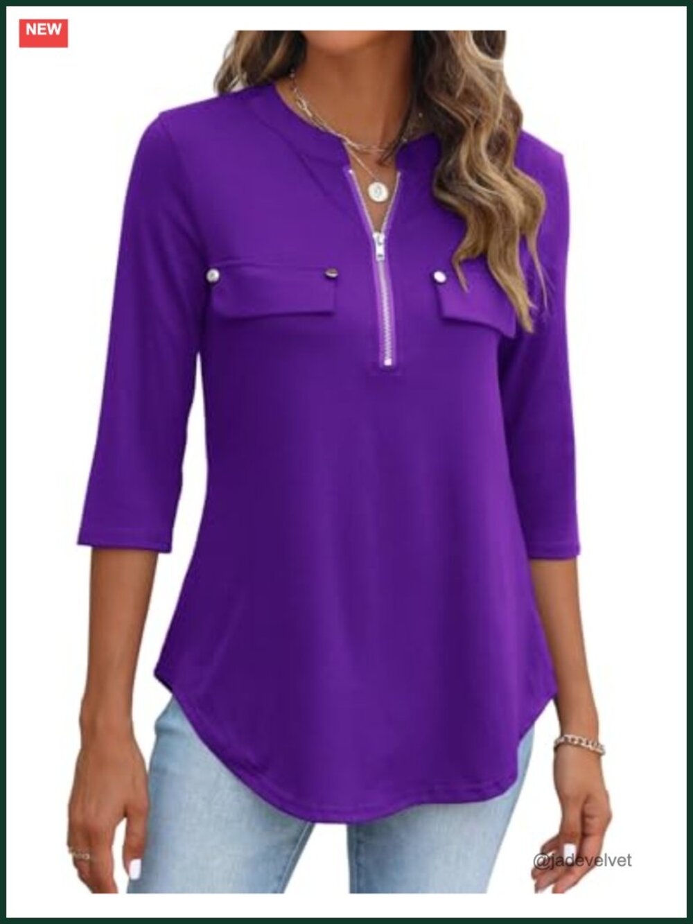 Women's 3/4 Sleeve Tunic Top V Neck Zipper Blouse Flowy Rayon Spandex